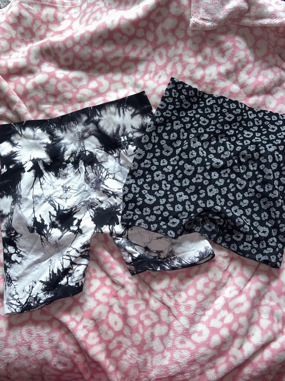 Black & White Tie-Dye and Black Leopard Print Bike Shorts Duo